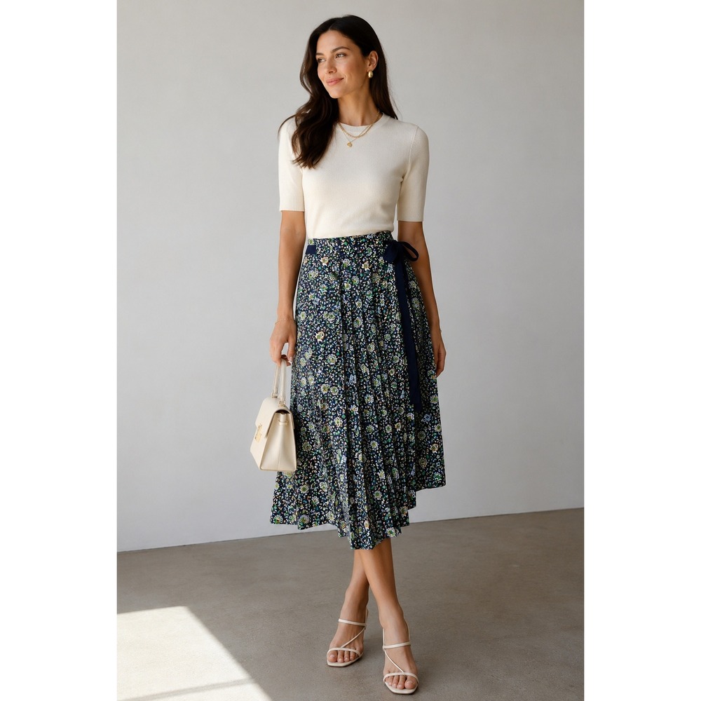 Tory Burch Silk Navy Floral Wrap Pleated Midi Skirt Sz 6 Cottagecore Preppy Chic